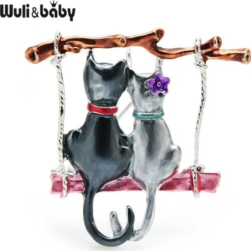 Wuli&baby Couple Cats Brooches For Women Enamel Cartoon Swinging Cat Animal Party Casul Brooch Pins