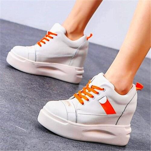 Women Cow Leather Fashion Sneakers Chunky Platform Wedge High Heel Lace Up Round Toe Casual Oxfords Boots Party Shoes