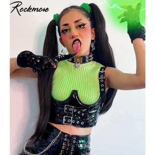 Rockmore Gothic Bright Leather Corset Women Punk Style Crop Tops Belt Buckle Corselet Wear Out Bustiers Streetwear Tank Top Goth