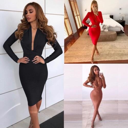 Sexy Deep V-neck Low Cut Bandage Pencil Dress Bodycon Long Sleeve Womens Party Elegant Red Dresses Black Office Ladies Vestidos