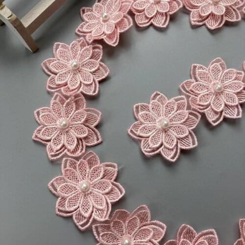 1 Yard Pink Pearl Beaded Embroidered Flower Lace Trim Floral Applique Patches Fabric Sewing Craft Vintage Wedding Dress 5CM New