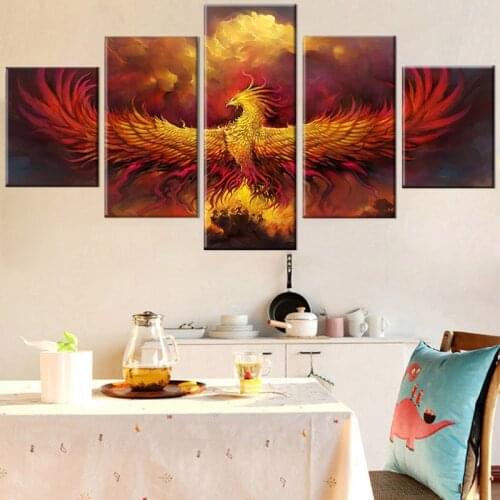 Canvas Abstract Painting Modular Wall Art 5 Pieces Fire Phoenix Bird Pictures Living Room Home Decor Hd Printed Poster