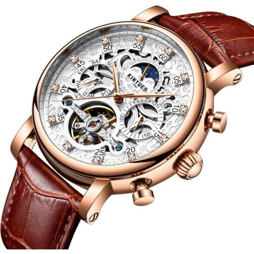 KINYUED Skeleton Automatic Watch Men Sun Moon Phase Waterproof Mens Tourbillon Mechanical Watches Top Brand Luxury Wristwatches