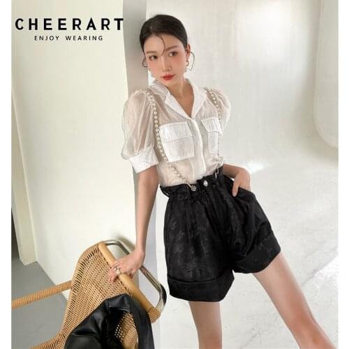 CHEERART Black Summer Wide Leg Shorts Women Jacquard High Waisted Korean Fashion Bottoms Kawaii Pearl Suspender Shorts 2021