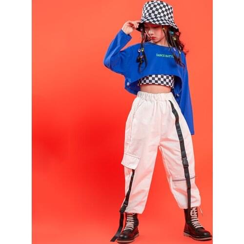 Kid Hip Hop Clothing Graphic Tee Blue Crop Top Long Sleeve Shirt Streetwear Tactical Cargo Pants for Girl Dance Costume Clothes
