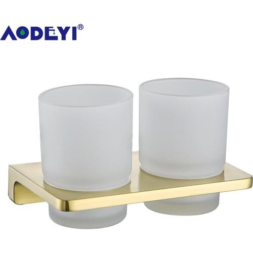Double ToothbrusGlass Cups Holder Brass Brushed Gold Toorhbrush Cup Holders Bathroom Accessories