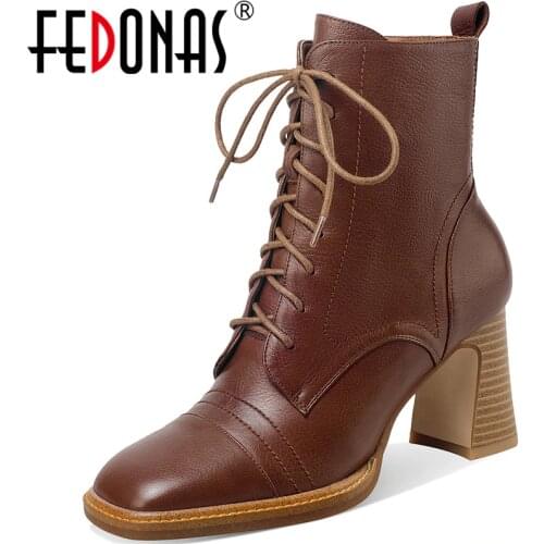 FEDONAS Fashion Newest Side Zipper Female Winter Boots Genuine Leather Square Toe High Heels Pumps Party Casual Shoes Woman