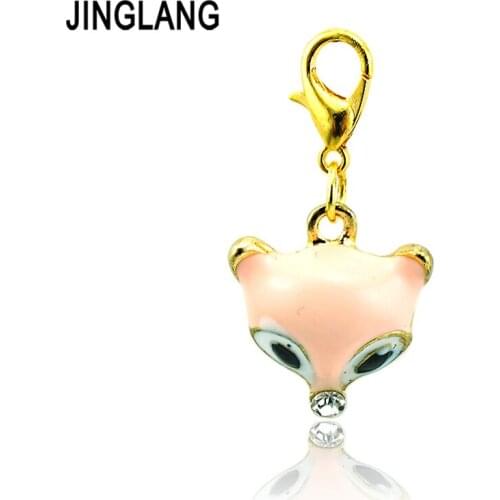 JINGLANG Fashion Fox Head Charms Alloy Gold Color Rhinestone Lobster Clasp Animals Charms DIY For Jewelry Making Accessories