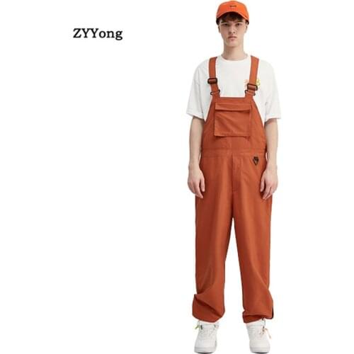Men Bib Jumpsuits Overalls Solid Color Straight Beam Feet Loose Hip Hop Youth Coveralls Leisure Cool Cargo Pants Black Trousers
