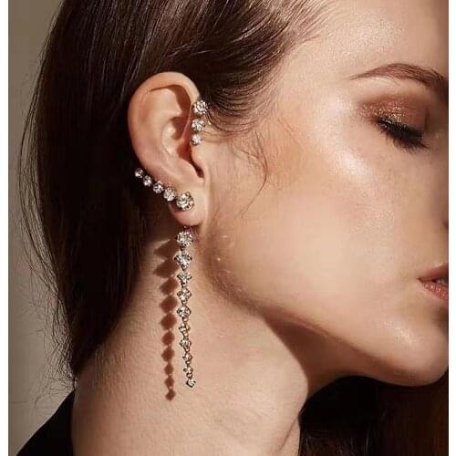 Korean New Flashing Rhinestone Curved Earrings Ear Clip for Right Ear Piercing Stud Earrings For Women Jewelry 2021 New Trend