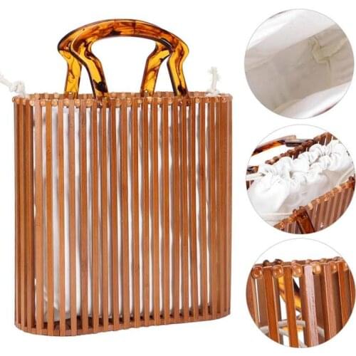Fashion Hand-woven Portable Bamboo Handbag Summer Beach Bags Tote for Holiday Travel Shopping