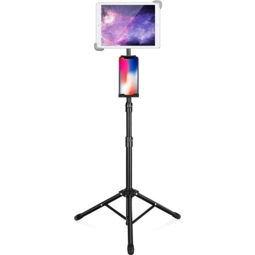 Tablet Tripod Stand with Cell Phone Holder Height Adjustable Tablets Floor Stand 360 Rotating Mount for iPad Air Mini Pro