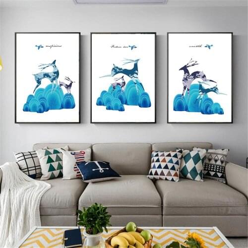 Blue Mountain Deer Poster Nordic Cartoon Bird Abstract Paintings Wall Art Print Canvas Pictures for Living Room Decor Cuadros