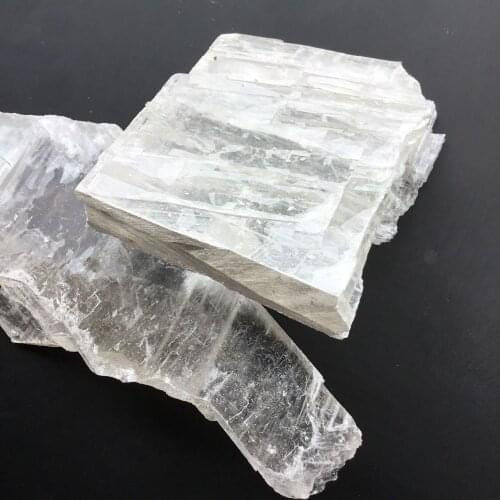 Natural white rough selenite crystal slab transparent gypsum specimen