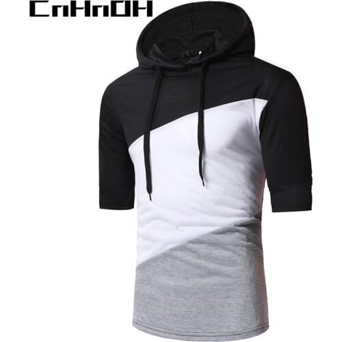 CnHnOH New Arrival Early Autumn Short Sleeve Hoodies Three Color Stitching Chich Fashion Top For Young Men HIPHOP 1311A
