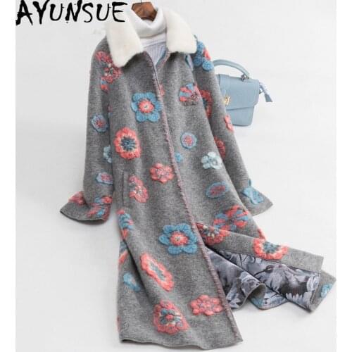 AYUNSUE Real Sheep Shearling Fur Coat Female Autumn Winter Jacket Women Wool Coats Mink Fur Collar Korean Long Jackets WPHYJR008