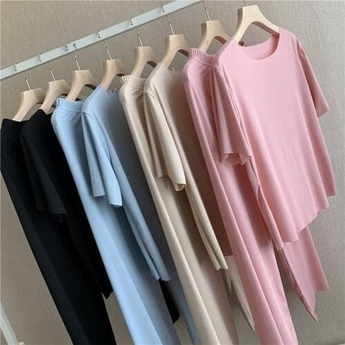 2021 Spring Summer Short Sleeve Trousers Pajamas Womens Home Suit Loose Ice Silk Female Sleepwear Nightgown Nightwear