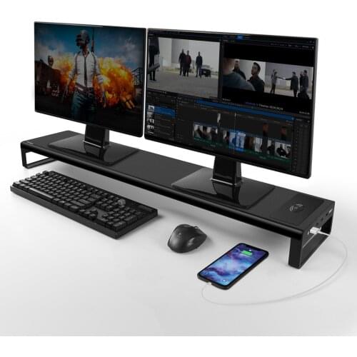 Dual Monitor Stand Aluminum Monitor Riser with Wireless Charging and 4 USB 3.0 Hub Ports Space Saving Desk Organizer