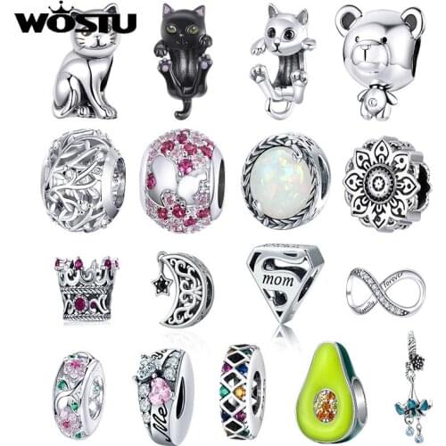 WOSTU 925 Sterling Silver Retro Patterns Sea Starfish Moon Star Cat Beads Charms Pendant Fit Original Bracelet Fashion Jewelry