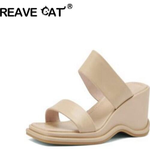 REAVE CAT Ladies Sandals Real Leather Square Toe Wedge Trifle Shoes Women For Summer Fashion Daily Outdoor Footwear Size 34-40