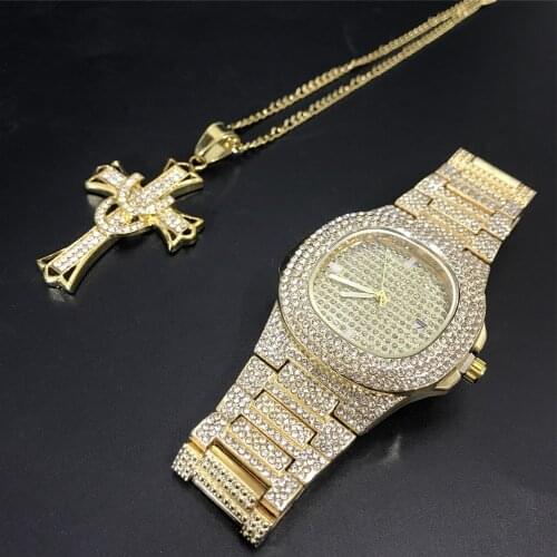 Luxury Men Watch & Necklace Combo Set Hip Hop Necklace Chain Ice Out Cuban Watch Hip Hop Jewelry Stylish For Men