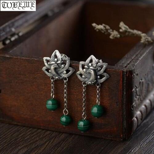 Handmade Thai 925 Silver Malachite Earrings Vintage 925 Sterling Peacock Women Earring Real Sterling Silver Bohemia Earring