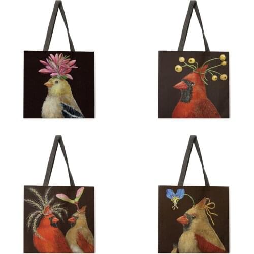 Christmas bird print tote bag linen shopping bag foldable shopping bag reusable beach bag shoulder bag