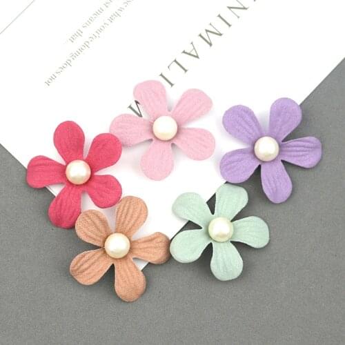 20Pcs Microfiber Decoration Pearl Flowers Appliques Embellishments DIY Craft Supplies Kids Headwear Hair Accessories Materials