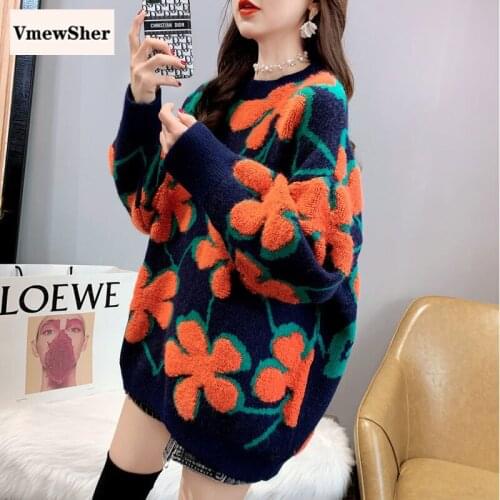 VmewSher New Women O Neck Sweater Autumn Winter Flower Knitted Casual Warm Oversized Pullover Female Loose Floral Jumper Tops
