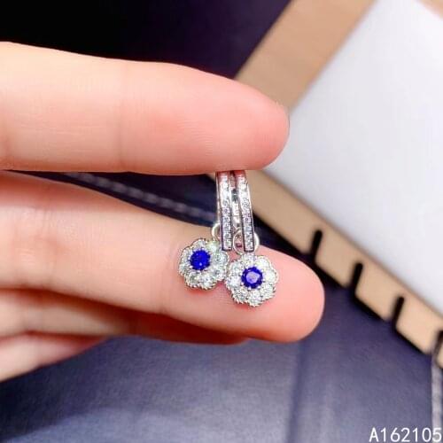 Fine Jewelry 925 Pure Silver Chinese Style Natural Sapphire Girl Luxury Popular Round Flower Gem Earrings Eardrop Support Detect