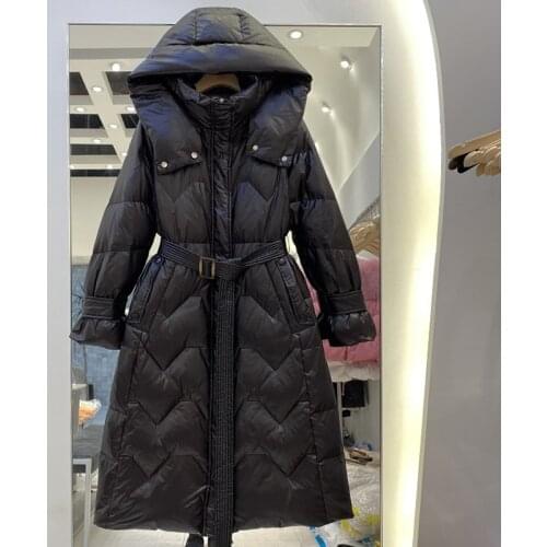 2021 Women White Duck Down Jacket Winter Warm Thicken With Sashes Long Coat Winter Parka Ladies Hooded Outerwears Black