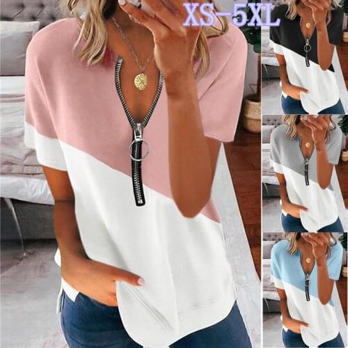 Womens Summer T-shirt New Fashion Printed Round Neck Short Sleeve Zipper V-neck Casual T-shirt Soft and Light Weight Summer Loo