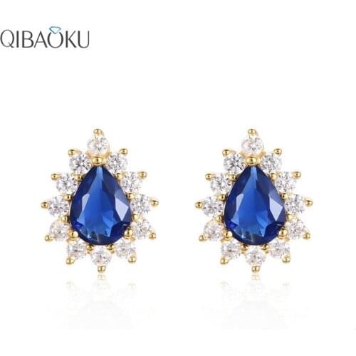 925 Sterling Silver Stud Earrings Deep Blue Zircon Earrings for Women Exquisite Gold Earring Wedding Jewelry