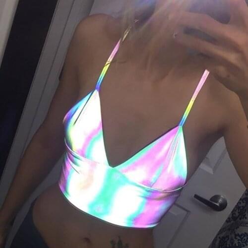 YiYiMiYu Women V Neck Sexy Holographic Bralette Crop Top Strap Reflective Fashion Camis Hot Summer Sleeveless Backless Tank Tops