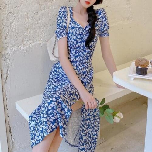Foridol Summer Boho Long Dress Women Floral Print Vintage Maxi Slit Red Dress Puff Sleeve 2021 Beach Holiday Chic Blue Dress