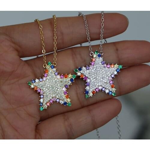 2021 New style Gold color sparking rainbow cz star pendant necklace for women lady colorful cz trendy fashion wedding jewelry