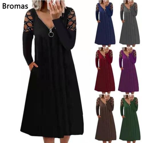 Autumn and winter new womens sexy V-neck zipper solid color casual hollow long-sleeved dress