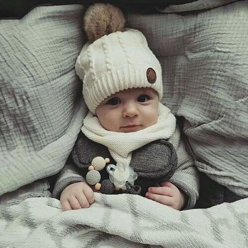 2Pcs Winter Baby Hat Scarf Set Solid Color Soft Cotton Warm Plush Cute Pompom Boy Girl Benaie Cap Newborn Toddler Hats Cap