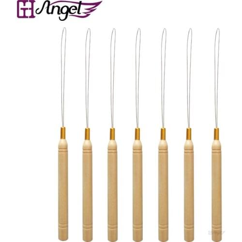 10pcs Wooden Handle Pulling Needles for Micro Rings/Loop Hair Extensions Iron Wire Threader Hook Pulling Hair Extension Tools