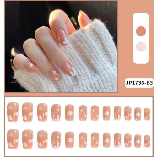 24pcs Short Fake Nails Full Cover Long Flat-Headed Skin Tone Love Wear Nail Stickers Finished Nails With Glue NE