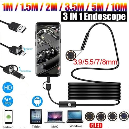 Car Endoscope 3 in 1 Endoscopic Mini Camera 3.9/5.5/7/8mm Type c Inspection Camera Android Phone Video Sewage Usb Borescope 10m