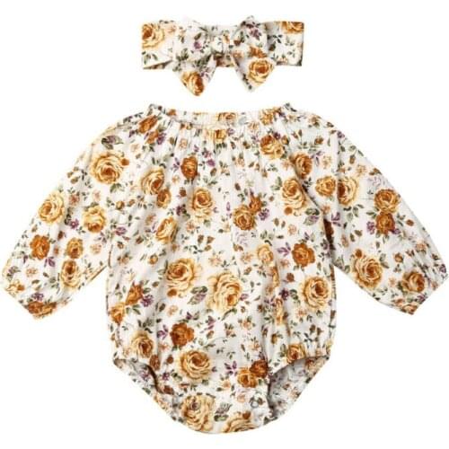 Baby Bodysuit Newborn Baby Girl Clothes Flower Print Long Sleeve Bodysuits Jumpsuit+Headband 2pcs Outfit Set