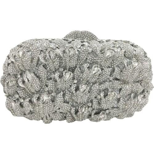 Boutique De FGG Rose Flower Women Crystal Clutch Evening Purses Wedding Rhinestone Handbags Bridal Silver Diamond Minaudiere Bag