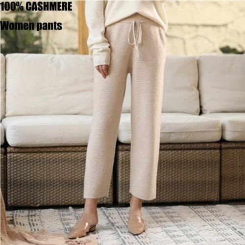 Pure 100% pure cashmere pants women winter Autumn knitted wide-leg pants womens fashion simple loose high waist trousers