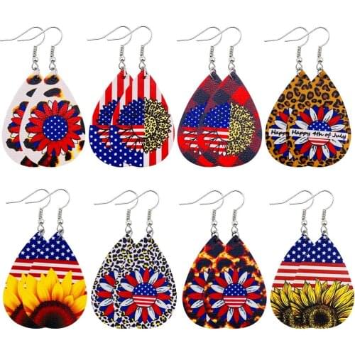 Independence Day Leopard Print Sunflower Letter Leather Earrings Water Drop Long Dangle Earrings for Women Fashion Jewelry