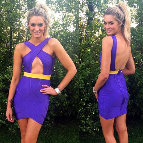 Purple and yellow knitted keyhole cross front rayon 2020 new fashion sexy ladies short hl bodycon bandage dress
