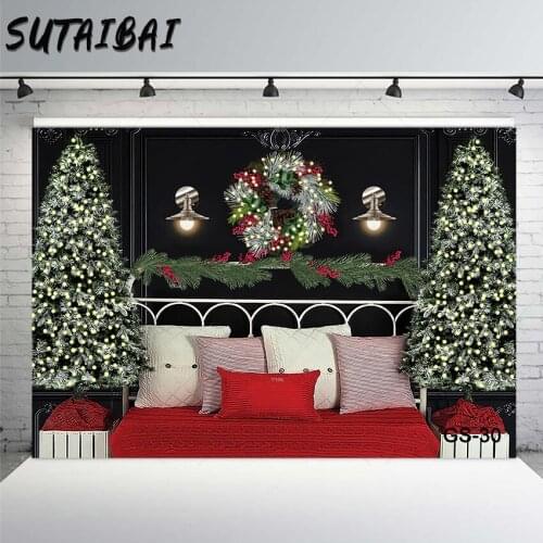 Christmas Headboard Bedroom Backdrop Bed Headboards Xmas Wreath Decor Pillows Portrait Photography Background for Photo Studio