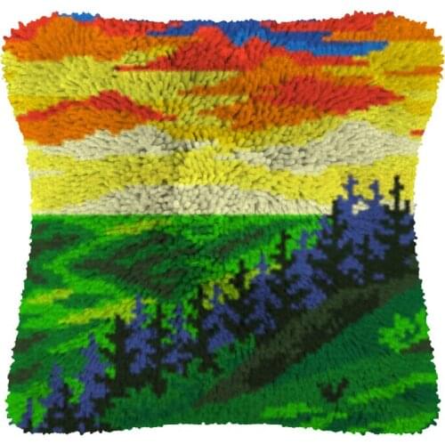 Landscape Pillow Case Canvas Acrylic Yarn Latched Hook Pillow Kits Crochet Cushion Cover Latch Hook Cushion