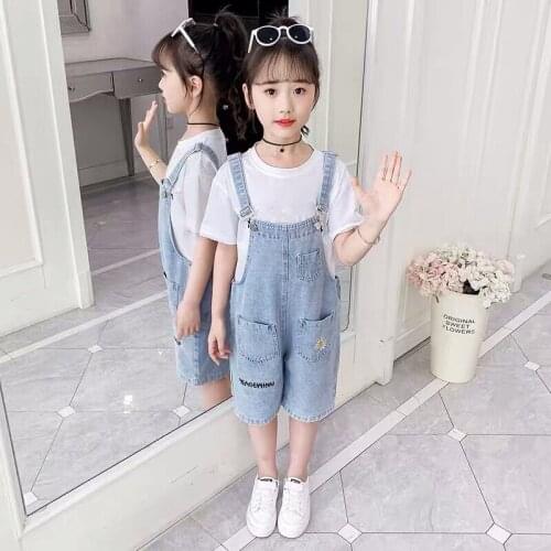Big girls suits denim suspenders shorts summer new style children fashion girl clothes set for 10 11 12 13 14 15 16 Years Old