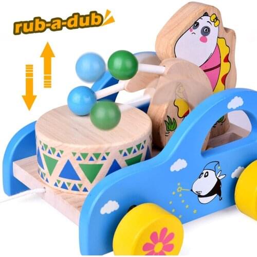 Creative Childrens Hand Extended Leash Pull Toy Car Toddler Baby Toy yellow/blue Wooden Play Beat Sound Tractor Children Gift